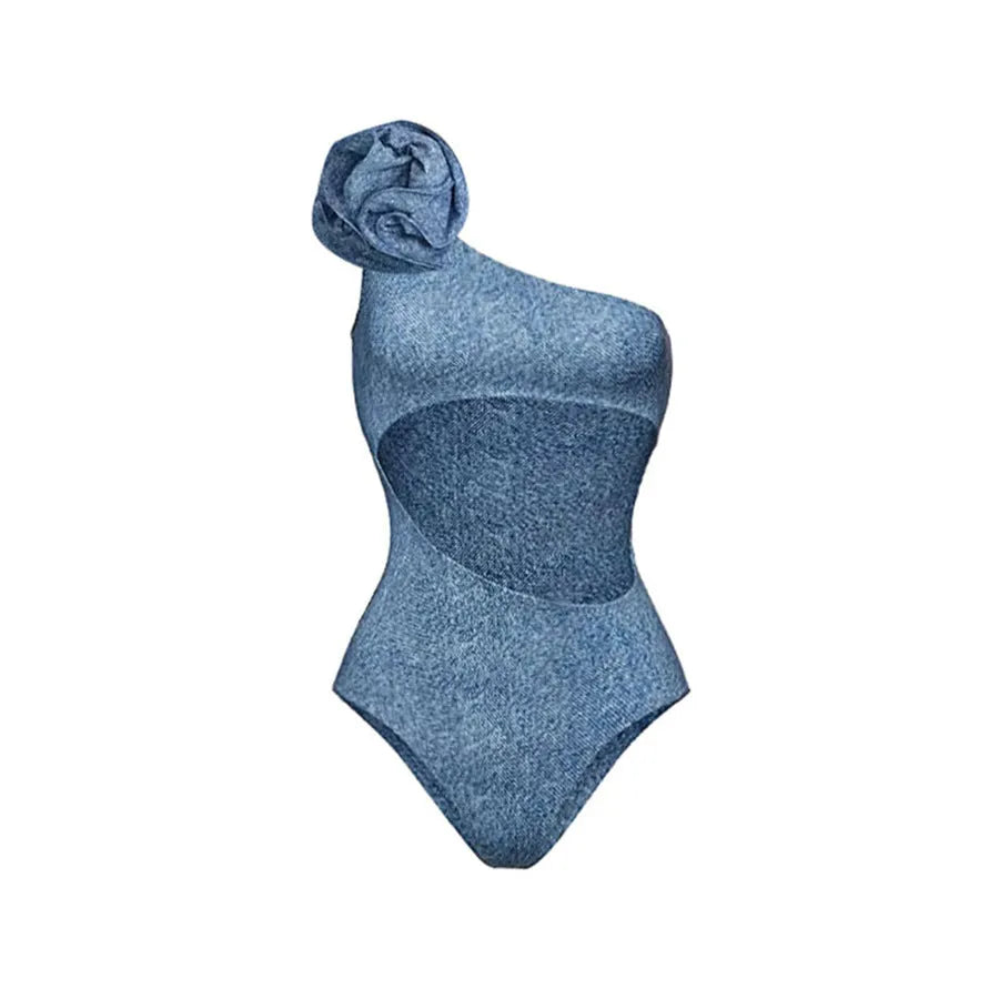 Flower Decorative One-shoulder Hollow Soft Cowboy Siamese Swimsuit - Bellarte Enchanté Flower Decorative One-shoulder Hollow Soft Cowboy Siamese Swimsuit